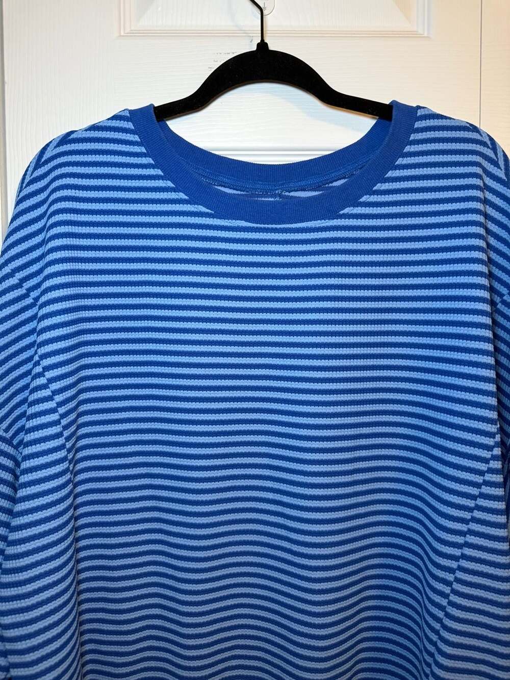 Imily Bela Fall Oversized Waffle Knit Striped Long Sleeve Pullover Top Blue L